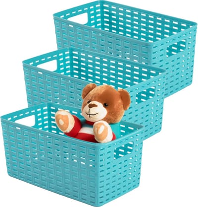 Plasticforte Opbergmand - 3x - Kastmand - rotan kunststof - turquoise blauw - 5 Liter - 15 x 28 x 13 cm
