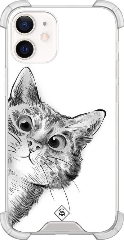 Casimoda® hoesje - Geschikt voor iPhone 12 Mini - Kat Kiekeboe - Shockproof case - Extra sterk - TPU/polycarbonaat - Grijs, Transparant