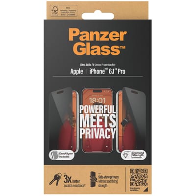 PanzerGlass Screenprotector geschikt voor Apple iPhone 15 Pro Glazen | PanzerGlass Ultra-Wide Fit Screenprotector Privacy - Case Friendly + Installatie Frame
