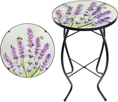 MUMTOP Outdoor eindtafels voor terras, lavendel kleine ronde bijzettafel, glazen accenttafel voor buiten, tuin, balkon, veranda, indoor woondecoratie