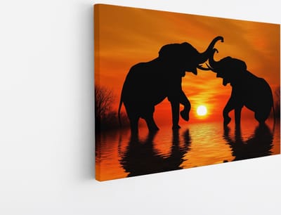 Saammp Canvas Schilderij - Olifanten in zonsondergang - Silhouet - Dieren - 30x20 - Foto op canvas - Wanddecoratie - muurdecoratie Woonkamer - Slaapkamer decoratie - Canvas Print
