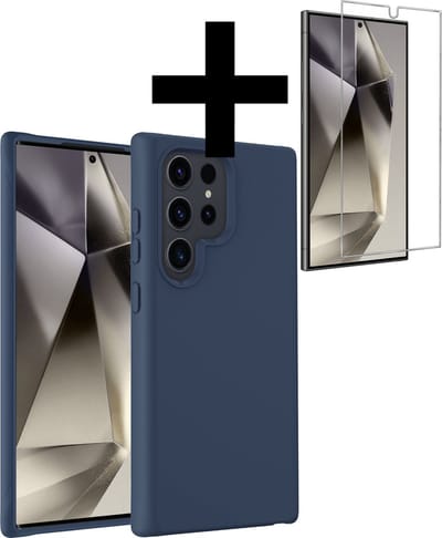 Hoesje - Met Screenprotector - Geschikt voor Samsung Galaxy S24 Ultra - Sterk & Shockproof - Back Cover - Siliconen Case - Telefoon Hoes - Telefoonhoesjes - Donkerblauw