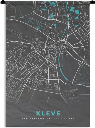 Wandkleed - Wanddoek - Duitsland – Blauw – Kleve – Stadskaart – Kaart – Plattegrond - 120x180 cm - Wandtapijt