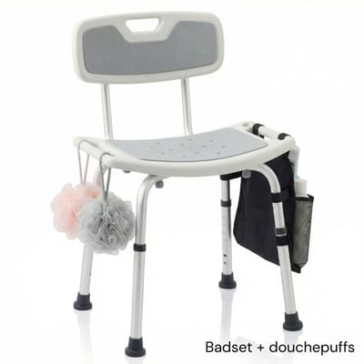 BY JRM® Douchekruk - Douchestoel - Incl. badset, douche puff, douchekophouder - Met Armleuning - Hoogte Verstelbaar - Antislip - Grijs