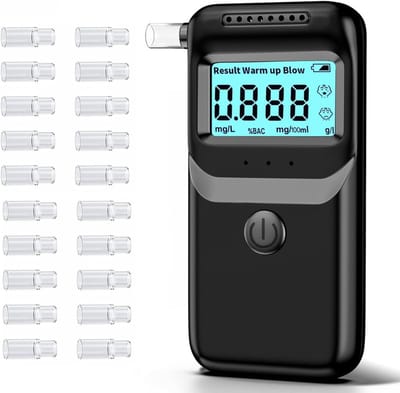 Alcoholtester - Blaastester - Draagbare blaastester met 20 mondstukken - Zeer nauwkeurige blaastester met LCD-scherm - Digitaal en snel - Geschikt voor thuis-, persoonlijk en professioneel gebruik