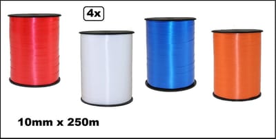 4x Krullint Holland 10mm x 250meter - rood/wit/blauw/oranje - Koningsdag WK krul lint verpakking linten