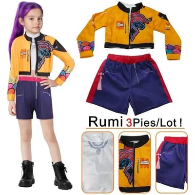 Costume Cosplay Rumi de Film pour Fille Halloween Carnaval Noël Rumi Veste Orange Gilet et Short Ensemble Trois Pièces Déguisement Kids130CM blue