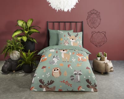 Good Morning dekbedovertrek herfst / dieren - 1 persoons 140x200/220 cm - Groen - 100% Katoen renforc�