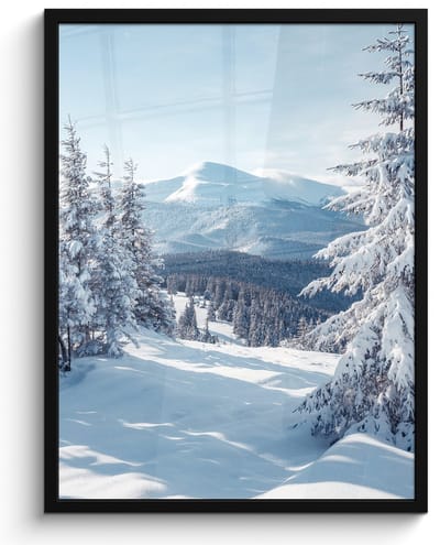 Poster in lijst - Fotolijst 50x70 cm - Posters - Winterlandschap - Natuur - Berg - Bomen - Sneeuw - Posterlijst zwart - Decoratie - Wanddecoratie woonkamer - Muurdecoratie slaapkamer