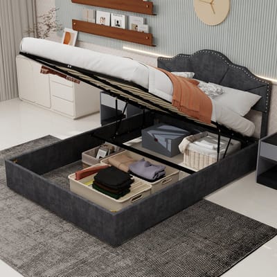 DESMIU Gestoffeerd Bed 160x200cm - Geometrisch Hoofdbord Met Nageldetail - Opbergbed Met Gasveer - Slaapkamer - Stof En Metaal - Grijs - Zonder Matras