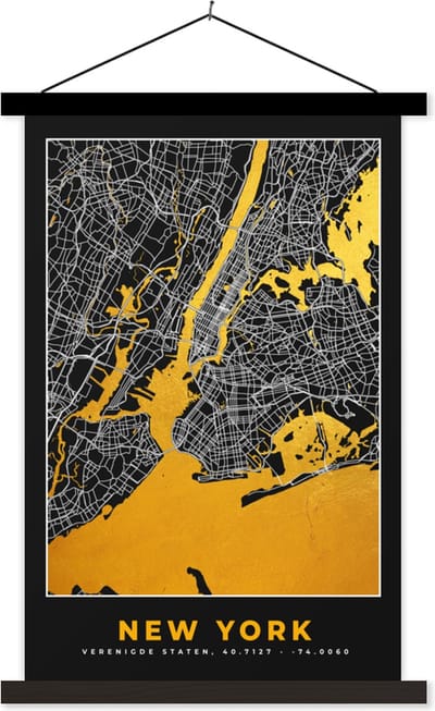 Posterhanger incl. Poster 40x60 cm - Schoolplaat - New York - Stadskaart - Goud - Kaart - Plattegrond - Textielposter - Zwarte latten - Stadskaart