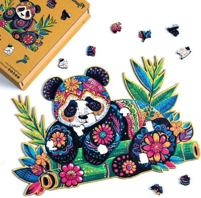 Houten Puzzel - Legpuzzel Volwassenen - Ontspanning en Creativiteit - Unieke Vorm Stukjes - 200 Stukjes - Panda Bloemen