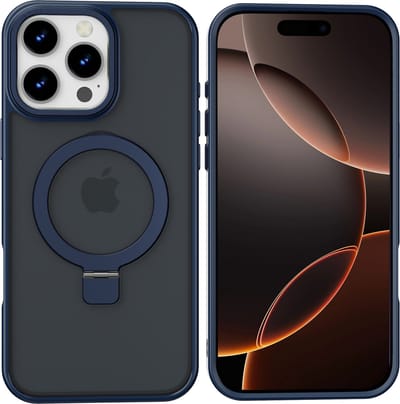 Hoesje Geschikt voor iPhone 16 Pro Max Magsafe hoesje - hard backcover - Magnetische Standaard - Ringhouder - Mat Transparant / Blauw