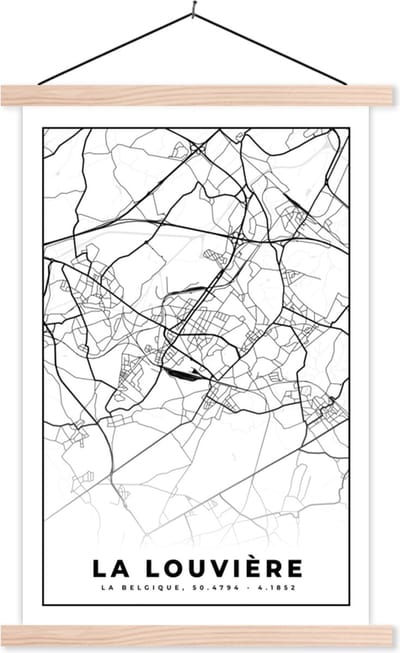 Posterhanger incl. Poster 40x60 cm - Schoolplaat - België – La Louvière – Stadskaart – Kaart – Zwart Wit – Plattegrond - Textielposter - Blanke latten - Stadskaart