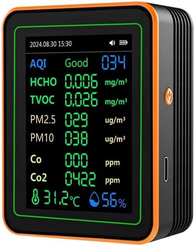 Luchtkwaliteitsmonitor - Deeltjesteller CO-Detector - Binnenlucht Meten - 12 Functies Inclusief CO2 - 14 x 10 x 5 cm - Zwart