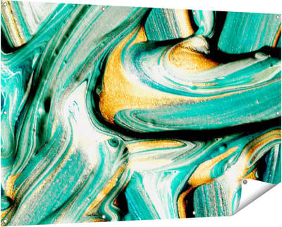 Gards Tuinposter Abstracte Kunst - Groen met Gouden Verf - 150x100 cm - Tuindoek - Tuindecoratie - Wanddecoratie buiten - Tuinschilderij