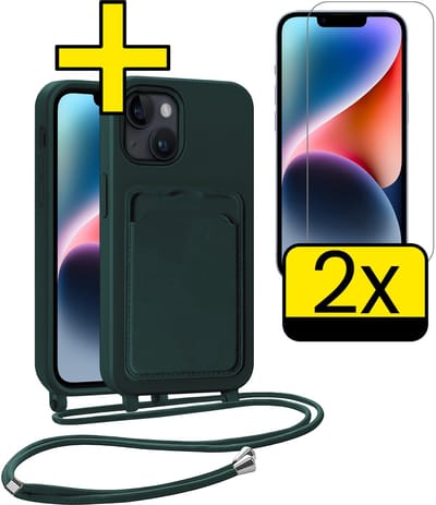Hoesje Geschikt voor iPhone 13 Telefoonhoesje Met Koord Case Pashouder Met 2x Screenprotector Siliconen - Hoes Geschikt voor iPhone 13 Hoesje Met Kaarthouder - Donkergroen