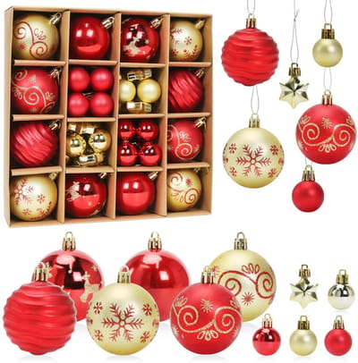 Dailygoods- Kerstballen Set 44 Stuks - Kunststof - Rood/Goud - Kerstdecoratie - Sterhangers - Diverse Maten en Stijlen - Kerstversiering