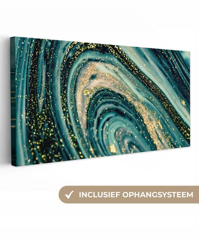 Canvas schilderij 40x20 cm - Wanddecoratie Marmerlook - Luxe - Goud - Turquoise - Glitter - Muurdecoratie woonkamer - Slaapkamer decoratie - Kamer accessoires - Schilderijen op canvas