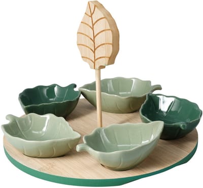 Excellent Houseware tapas serveerschaaltjes Leaf - groen - Set van 5x stuks op dienblad - sausjes - nootjes