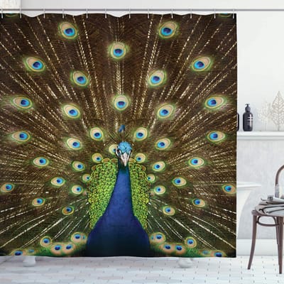 ABAKUHAUS douchegordijn – pauwenveren – 175x180 cm – groen/blauw