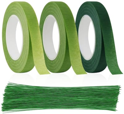 Bloemistenlint en Bloemendraad Set - 3 Rollen Crêpe Lint en 100 Stuks Groene Steekdraad voor Bloemwerk en Boeketten