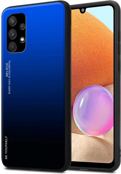 Cadorabo Hoesje geschikt voor Samsung Galaxy A32 4G in BLAUW - ZWART - Tweekleurige beschermhoes van TPU-silicone Case Cover en achterzijde van gehard glas