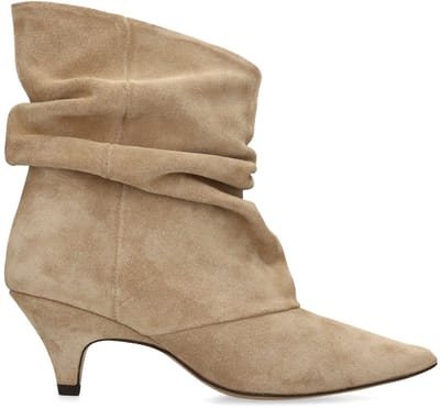 Manfield - Dames - Beige suède slouchy enkellaarsjes met hak - Maat 39