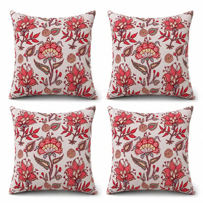 Set van 4 Kussenhoezen 45x45 cm | Katoen Canvas Kussenhoes | Rood-Bloemenprint | Sierkussenhoes voor Woonkamer & Tuin | Digitale Print Cushion Covers