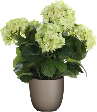 Hortensia kunstplant/kunstbloemen 45 cm - groen - in pot taupe mat - Kunst kamerplant