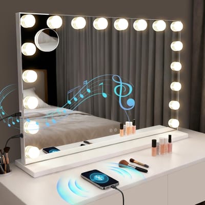 Verlichte Make-up Spiegel met Bluetooth en 18 Grote Lichten, Tafelspiegel met 3 Modi en Muziekfunctie voor Perfecte Make-upervaring