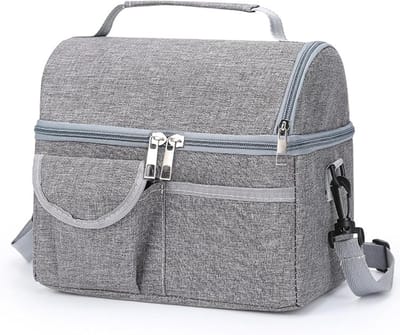 Lunchtas 8,4L met dubbel vak - geïsoleerde koeltas met schouderriem, geschikt voor lunchbox, snacks en drinkfles, voor werk, school en reizen - grijs