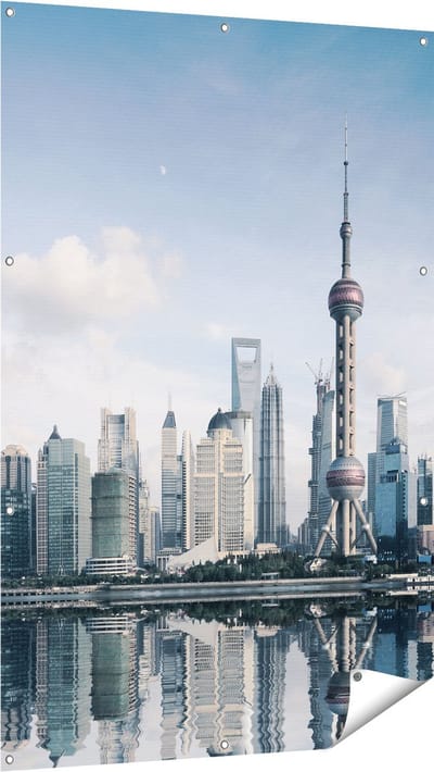 Gards Tuinposter Shanghai Skyline in China - 100x150 cm - Tuindoek - Tuindecoratie - Wanddecoratie buiten - Tuinschilderij