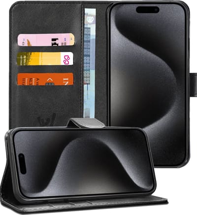 Hoesje geschikt voor iPhone 15 Pro - Book Case Kunstleer Pasjeshouder Zwart
