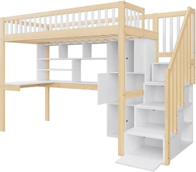 DESMIU Hoogslaper 90x200cm Met Matras Zonder Matras Hoofdbed Met Sfeerverlichting Opbergtrap Rekken Opbergvakken Bureau Voor Jeugd Kamer Kieferhout MDF Wit Natuurlijk