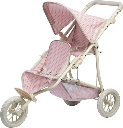 Teamson Kids Dubbel Poppenwagen Voor Babypoppen - Accessoires Voor Poppen - Roze/Grijs/Polka Dot
