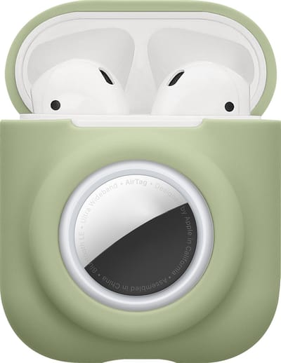 kwmobile oordopjes case geschikt voor Apple Airpods 1 & 2 hoesje - Oortjes cover met AirTag houder - In-ear koptelefoon hoes - Silicone in matcha groen