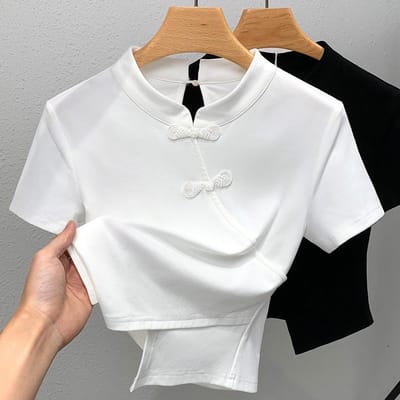 Nieuwe Chinese Stijl Opstaande Kraag Schuin Tandem Knopen Top Zomer Nieuwe Dames Onregelmatige Zoom Wit Korte Mouwen T-shirt voor Dames 2XL