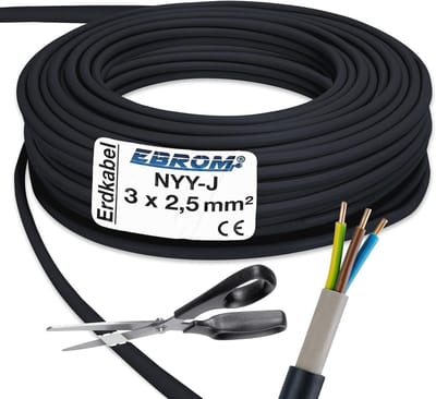 Krachtige NYY-J Stroomkabel 3x2,5 mm2 - 15m Zwart voor Buiten
