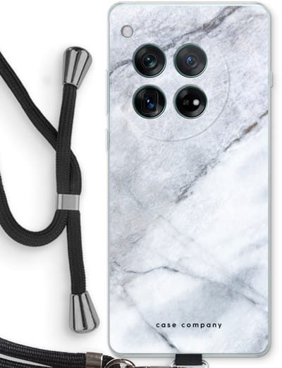 Case Company® - Hoesje met koord geschikt voor OnePlus 12r hoesje met Koord - Witte marmer - Telefoonhoesje met Zwart Koord - Bescherming aan alle Kanten en Over de Schermrand