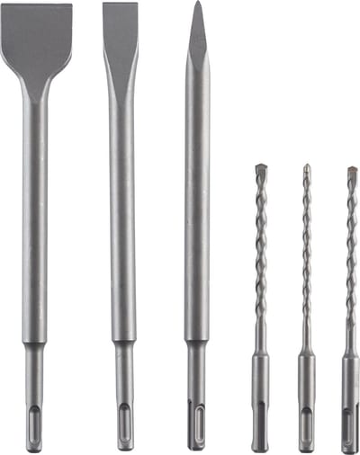 Set SDS+ boren/beitels 6PCS - boren (5.5, 6 en 7mm) en 3 SDS+ beitels (puntbeitel, vlakbeitel, spadebeitel)