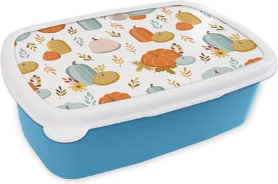 Broodtrommel Blauw - Lunchbox - Brooddoos - Pompoen - Herfst - Patroon - 18x12x6 cm - Kinderen - Jongen