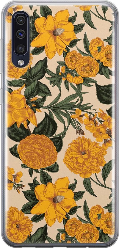 Leuke Telefoonhoesjes - Hoesje geschikt voor Samsung Galaxy A50 - Retro flowers - Soft case - TPU - Bloemen - Geel
