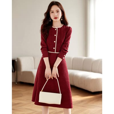Franse Romantische Retro Jurk Nieuwe Stijl Herfst- en Winterstijl Taille-omsluitend Enkelrijig A-lijn Rok 2XL white