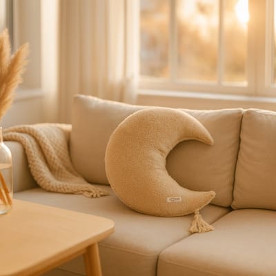 Soosie - Sierkussen Maan – Kussentje - Teddy Bouclé – Ø 50 cm – Beige – met kwastje
