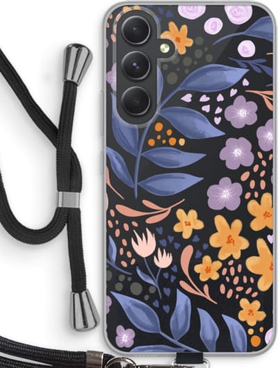 Case Company® - Hoesje met koord geschikt voor Samsung Galaxy A54 hoesje met Koord - Flowers with blue leaves - Telefoonhoesje met Zwart Koord - Bescherming aan alle Kanten en Over de Schermrand