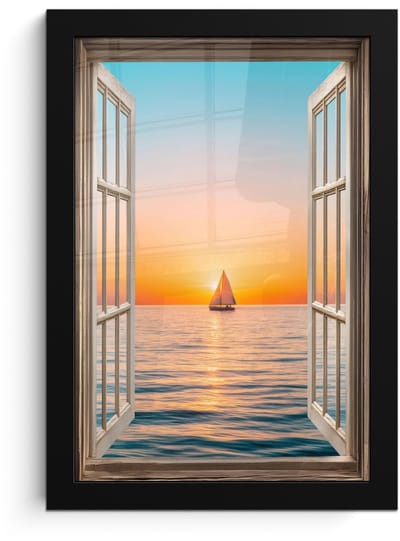 Poster in lijst - Fotolijst 20x30 cm - Posters - Doorkijk - Zee - Boot - Zonsondergang - Posterlijst zwart - Decoratie - Wanddecoratie woonkamer - Muurdecoratie slaapkamer