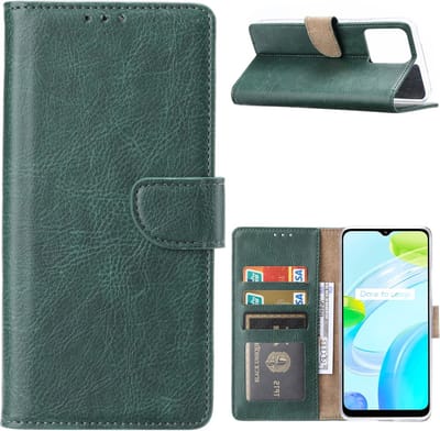 Hoesje Geschikt Realme C30 Hoesje met Pasjeshouder Groen - Hoesje Geschikt voor Oppo Realme C30 hoesje Luxe Booktype Portemonnee case