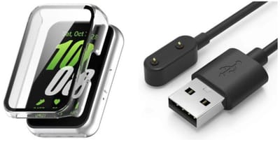 Strap-it hard case hoesje met glazen screen protector + USB-A oplader – geschikt voor Samsung Galaxy Fit 3 – stevige bescherming & duurzame vervangende oplaadkabel
