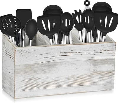 Houten Keukengerei Organizer - Vintage Wit Bestek Caddy met 3 Compartimenten